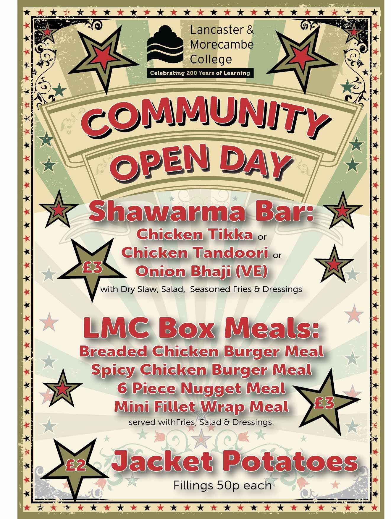 Community Open Day Menu in The Lounge